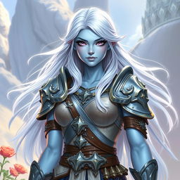 In the style of DnD character art, Lucira is a striking figure with smooth light blue skin that glows softly