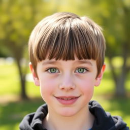 A handsome 13-year-old boy with straight brown hair styled in a two-block haircut, vibrant green eyes, and fair white skin