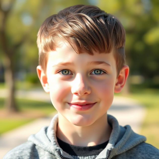 A handsome 13-year-old boy with straight brown hair styled in a two-block haircut, vibrant green eyes, and fair white skin