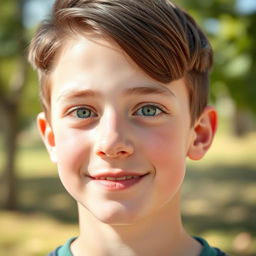 A handsome 13-year-old boy with straight brown hair styled in a two-block haircut, vibrant green eyes, and fair white skin