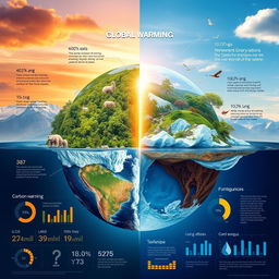 A visually captivating representation of global warming, showcasing the Earth divided into two halves: one half depicting a lush, vibrant environment with green forests, blue oceans, and clear skies, while the other half illustrates the detrimental effects of global warming, featuring melting glaciers, rising sea levels, and extreme weather conditions like hurricanes and droughts
