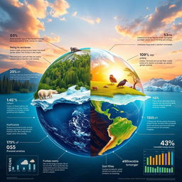 A visually captivating representation of global warming, showcasing the Earth divided into two halves: one half depicting a lush, vibrant environment with green forests, blue oceans, and clear skies, while the other half illustrates the detrimental effects of global warming, featuring melting glaciers, rising sea levels, and extreme weather conditions like hurricanes and droughts