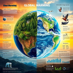 A visually captivating representation of global warming, showcasing the Earth divided into two halves: one half depicting a lush, vibrant environment with green forests, blue oceans, and clear skies, while the other half illustrates the detrimental effects of global warming, featuring melting glaciers, rising sea levels, and extreme weather conditions like hurricanes and droughts