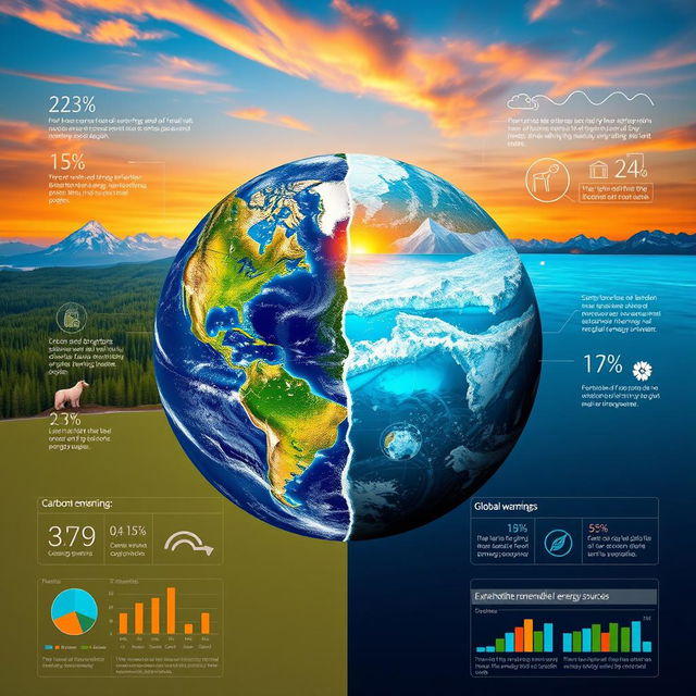 A visually captivating representation of global warming, showcasing the Earth divided into two halves: one half depicting a lush, vibrant environment with green forests, blue oceans, and clear skies, while the other half illustrates the detrimental effects of global warming, featuring melting glaciers, rising sea levels, and extreme weather conditions like hurricanes and droughts