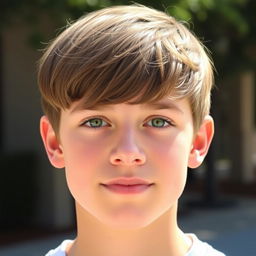 A handsome teenage boy with straight brown hair styled in a two-block haircut, vivid green eyes, and fair white skin