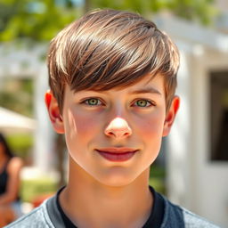 A handsome teenage boy with straight brown hair styled in a two-block haircut, vivid green eyes, and fair white skin