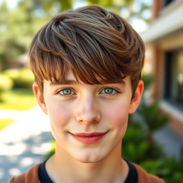 A handsome teenage boy with straight brown hair styled in a two-block haircut, vivid green eyes, and fair white skin