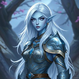 In the style of DnD character art, Lucira is depicted as a striking figure with smooth light blue skin that emits a subtle glow, emphasizing her ethereal appearance