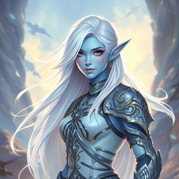 In the style of DnD character art, Lucira is depicted as a striking figure with smooth light blue skin that emits a subtle glow, emphasizing her ethereal appearance