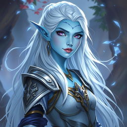 In the style of DnD character art, Lucira is depicted as a striking figure with smooth light blue skin that emits a subtle glow, emphasizing her ethereal appearance
