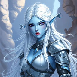 In the style of DnD character art, Lucira is a striking figure with luminous light blue skin that has a subtle glow