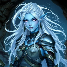 In the style of DnD character art, Lucira is a striking figure with luminous light blue skin that has a subtle glow