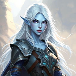 In the style of DnD character art, Lucira is a striking figure characterized by her smooth light blue skin that has a subtle, enchanting glow