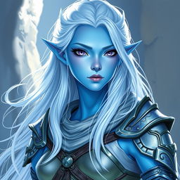 In the style of DnD character art, Lucira is a striking figure characterized by her smooth light blue skin that has a subtle, enchanting glow
