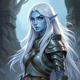 In the style of DnD character art, Lucira is a striking figure characterized by her smooth light blue skin that has a subtle, enchanting glow
