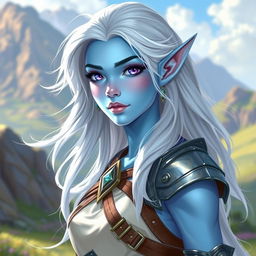 In the style of DnD character art, Lucira is a captivating figure characterized by her radiant light blue skin, which features a soft, mystical glow