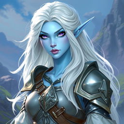 In the style of DnD character art, Lucira is a captivating figure characterized by her radiant light blue skin, which features a soft, mystical glow