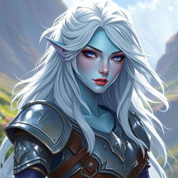 In the style of DnD character art, Lucira is a captivating figure characterized by her radiant light blue skin, which features a soft, mystical glow