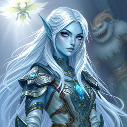 In the style of DnD character art, Lucira is a striking figure with enchanting light blue skin that emits a soft, mystical glow