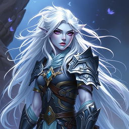 In the style of DnD character art, Lucira is a striking figure with enchanting light blue skin that emits a soft, mystical glow
