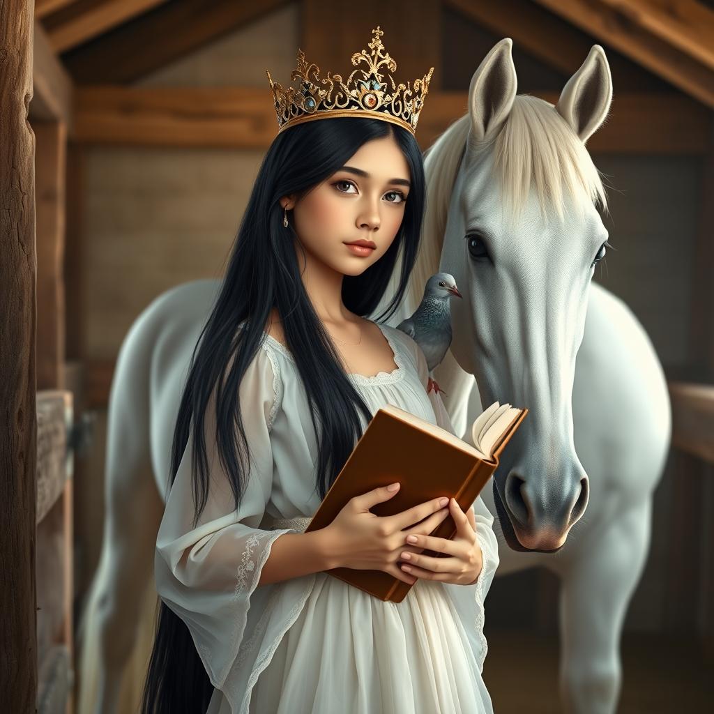 A full-body depiction of a 13-year-old white Brazilian princess with long, straight black hair and dark eyes, wearing an elegant crown