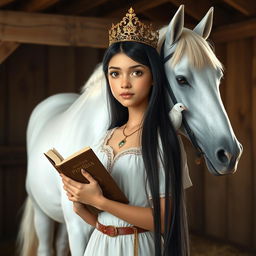A full-body depiction of a 13-year-old white Brazilian princess with long, straight black hair and dark eyes, wearing an elegant crown