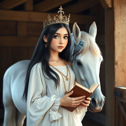 A full-body depiction of a 13-year-old white Brazilian princess with long, straight black hair and dark eyes, wearing an elegant crown