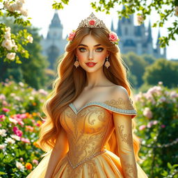 A beautiful princess standing gracefully in a vibrant garden, surrounded by blooming flowers and lush greenery