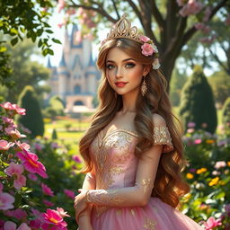 A beautiful princess standing gracefully in a vibrant garden, surrounded by blooming flowers and lush greenery