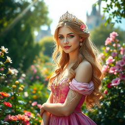 A beautiful princess standing gracefully in a vibrant garden, surrounded by blooming flowers and lush greenery