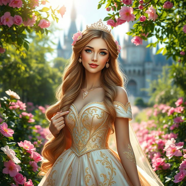 A beautiful princess standing gracefully in a vibrant garden, surrounded by blooming flowers and lush greenery