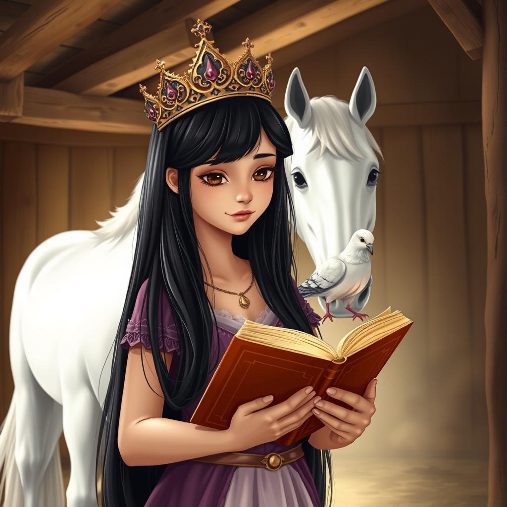 A full-body illustration of a 13-year-old white Brazilian princess with long, straight black hair, dark eyes, and fair skin, wearing a beautiful crown