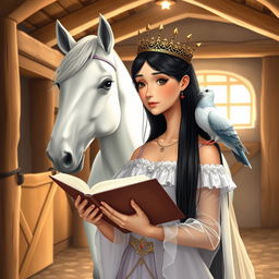 A full-body illustration of a 13-year-old white Brazilian princess with long, straight black hair, dark eyes, and fair skin, wearing a beautiful crown