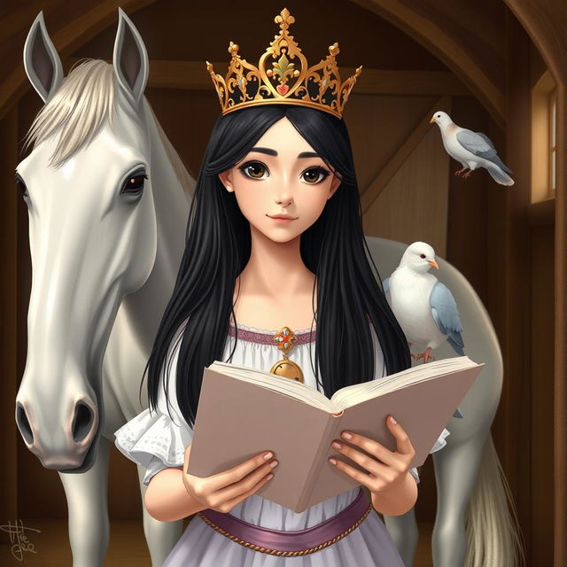 A full-body illustration of a 13-year-old white Brazilian princess with long, straight black hair, dark eyes, and fair skin, wearing a beautiful crown