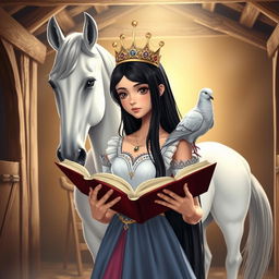 A full-body illustration of a 13-year-old white Brazilian princess with long, straight black hair, dark eyes, and fair skin, wearing a beautiful crown