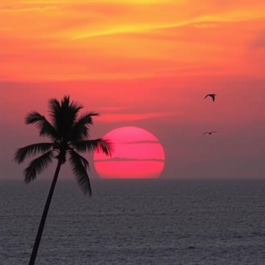 A beautiful sunset over a calm ocean, with vibrant orange and pink hues in the sky reflecting on the water