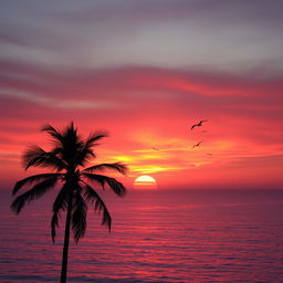 A beautiful sunset over a calm ocean, with vibrant orange and pink hues in the sky reflecting on the water