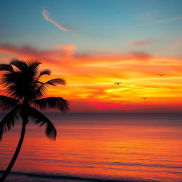 A beautiful sunset over a calm ocean, with vibrant orange and pink hues in the sky reflecting on the water