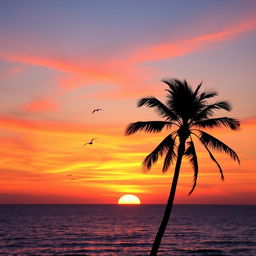 A beautiful sunset over a calm ocean, with vibrant orange and pink hues in the sky reflecting on the water