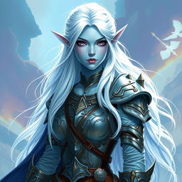 In the style of DnD character art, Lucira is an exceptional figure featuring luminous light blue skin that radiates a gentle, magical glow