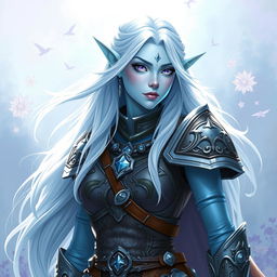 In the style of DnD character art, Lucira is an exceptional figure featuring luminous light blue skin that radiates a gentle, magical glow
