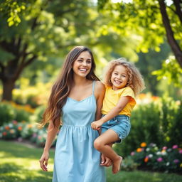 A warm and heartwarming scene featuring a mother and daughter in a beautiful park