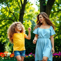 A warm and heartwarming scene featuring a mother and daughter in a beautiful park