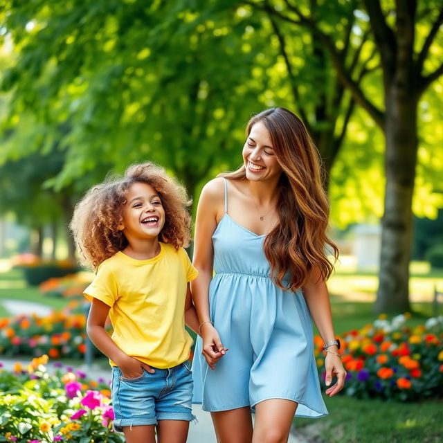 A warm and heartwarming scene featuring a mother and daughter in a beautiful park