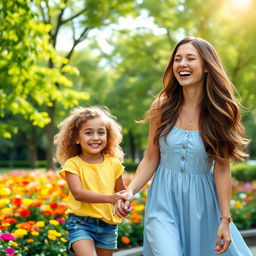 A warm and heartwarming scene featuring a mother and daughter in a beautiful park
