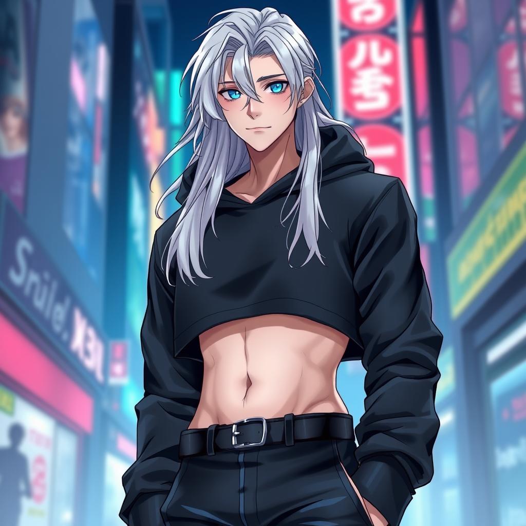 A light novel cover featuring a tall male femboy with long glossy white hair that flows gracefully around his shoulders