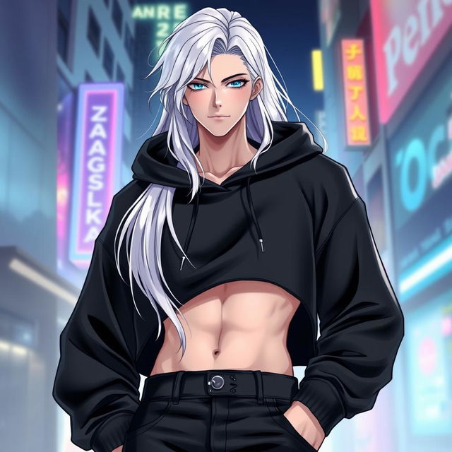 A light novel cover featuring a tall male femboy with long glossy white hair that flows gracefully around his shoulders