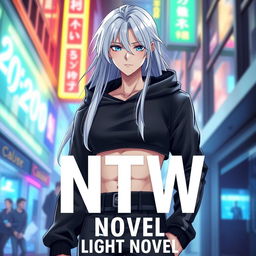 A light novel cover featuring a tall male femboy with long glossy white hair that flows gracefully around his shoulders