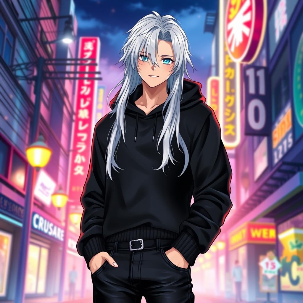 A captivating light novel cover featuring a tall male femboy with luxurious long glossy white hair cascading elegantly around his shoulders