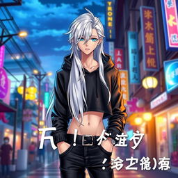 A captivating light novel cover featuring a tall male femboy with luxurious long glossy white hair cascading elegantly around his shoulders